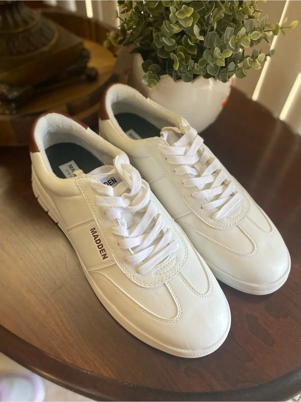 Men’s White Madden Orthopedic Sneakers with Brown Heel Accent